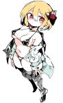  1girl black_thighhighs blonde_hair blush breasts closed_mouth full_body hair_ribbon highres large_breasts long_sleeves massakasama navel open_clothes open_shirt red_eyes red_ribbon ribbon rumia shirt short_hair simple_background sketch solo thighhighs touhou white_background white_shirt 