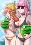  2girls absurdres bikini breasts day earrings eating feather_earrings feathers food fruit gradient_hair green_hair highres holding holding_food holding_fruit hololive hololive_english jewelry large_breasts long_hair mori_calliope multicolored_hair multiple_girls open_mouth orange_hair pineapple pink_hair smile swimsuit takanashi_kiara virtual_youtuber watermelon watermelon_seeds watermelon_slice xu_chin-wen 