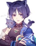 2boys animal_ears cat cat_boy cat_ears cat_tail closed_mouth crossed_arms dual_persona genshin_impact highres japanese_clothes male_focus multiple_boys purple_cat purple_eyes purple_fur purple_hair red_eyeliner scaramouche_(genshin_impact) scaramouche_(kabukimono)_(genshin_impact) su3ka tail tongue tongue_out vision_(genshin_impact) wanderer_(genshin_impact) white_background 