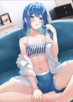  1girl alternate_costume aqua_hair armpit_crease bare_legs bare_shoulders barefoot blue_eyes blue_hair blue_shorts blurry blurry_background blush bra breasts cleavage collared_shirt colored_inner_hair commentary_request couch foot_out_of_frame frilled_bra frills hand_up highres hololive hoshimachi_suisei indoors kinoko_(shikimylove) long_hair looking_at_viewer messy_hair multicolored_hair navel off_shoulder open_clothes open_mouth open_shirt shiny_skin shirt short_shorts shorts sidelocks sitting small_breasts solo underwear virtual_youtuber white_shirt 