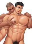  2boys abs bara buzz_cut faceless faceless_male facial_hair goatee grabbing grabbing_from_behind highres kansuke_(kansuke_717) large_pectorals male_focus male_pubic_hair mature_male multiple_boys muscular muscular_male navel nipples original out-of-frame_censoring pectorals pubic_hair short_hair sideburns smirk solo_focus stomach strongman_waist thick_eyebrows undercut very_short_hair yaoi 