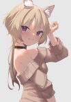  1girl :3 animal_ears bare_shoulders blonde_hair blue_background blush breasts cat_ears choker long_hair looking_at_viewer original paw_pose purple_eyes simple_background skeptycally smile solo sweater 
