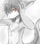  anthro bathing chest_tuft glistening glistening_eyes half-length_portrait hand_on_head hi_res kuttoyaki looking_at_viewer male mouth_closed navel one_eye_closed orange_eyes portrait showering solo spot_color tuft 
