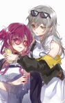  2girls absurdres bare_shoulders black_jacket commentary_request cup drinking_glass grey_hair highres holding holding_cup honkai:_star_rail honkai_(series) jacket kafka_(honkai:_star_rail) long_hair looking_at_another motuwangchuan multiple_girls parted_lips purple_eyes purple_hair shirt simple_background smile stelle_(honkai:_star_rail) sunglasses trailblazer_(honkai:_star_rail) upper_body white_background white_shirt yellow_eyes 