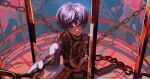  1boy cage chain chained chencuya cowboy_shot genshin_impact hat highres in_cage looking_at_viewer male_focus purple_eyes purple_hair scaramouche_(genshin_impact) sitting smirk solo 