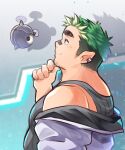  1boy bandaid bandaid_on_face bandaid_on_nose bara bare_shoulders belly black_bandaid black_tank_top blush facial_hair from_side goatee_stubble grimori_(live_a_hero) hand_on_own_chin highres huge_eyebrows live_a_hero looking_ahead male_focus multicolored_hair off_shoulder osu_(osumankokuou) pectorals plump pointy_ears sanpaku short_hair sideburns_stubble smile solo striped_tank_top stroking_own_chin stubble tank_top thinking two-tone_hair undercut upper_body 