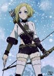  arrow_(projectile) belt blonde_hair blue_eyes bow_(weapon) crop_top earrings gloves highres holding holding_arrow holding_bow_(weapon) holding_weapon jewelry long_sleeves mountainous_horizon mushoku_tensei partially_fingerless_gloves quiver sara_(mushoku_tensei) short_shorts shorts snow snowflakes snowing thighhighs weapon wind yaken_(11keionnota06) 