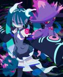  1girl aqua_hair bare_shoulders black_thighhighs closed_eyes detached_sleeves ghost ghost_miku_(project_voltage) glitch gradient_hair grey_shirt hair_between_eyes hatsune_miku highres long_hair misdreavus mismagius multicolored_hair nagomi_(_nagomi_) necktie pokemon pokemon_(creature) project_voltage see-through see-through_skirt shirt skirt sleeves_past_fingers sleeves_past_wrists thighhighs twintails very_long_hair vocaloid will-o&#039;-the-wisp_(mythology) 