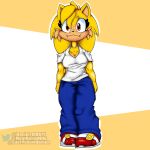  1:1 annabelle_the_hedgehog anthro blue_bottomwear blue_clothing blue_pants bottomwear clothing danielgamr95 eas_universe eulipotyphlan fangs female footwear fur hedgehog hi_res horn mammal muscular_arms pants red_clothing red_eyes red_footwear red_shoes shirt shoes simple_background solo standing teeth topwear white_clothing white_shirt white_topwear yellow_background yellow_body yellow_fur 