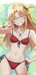  1girl ass_visible_through_thighs bikini blonde_hair bracelet breasts closed_eyes collarbone contrapposto fate_(series) glasses grin hand_on_own_hip head_tilt highres jewelry long_hair mordred_(fate) mordred_(swimsuit_rider)_(fate) navel necklace red_scrunchie scrunchie side-tie_bikini_bottom side_ponytail small_breasts smile solo swimsuit tonee 