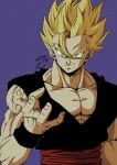  1boy absurdres artist_name biceps black_wristband blonde_hair closed_mouth collarbone commentary_request dougi dragon_ball dragon_ball_super dragon_ball_super_super_hero green_eyes hand_up highres looking_at_viewer male_focus muscular muscular_male pectorals purple_background red_sash sash seya_(asasei_718) signature simple_background smile smirk solo son_gohan spiked_hair super_saiyan super_saiyan_1 upper_body v-shaped_eyebrows wristband 
