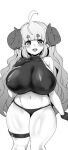  1girl ahoge anila_(granblue_fantasy) blunt_bangs blush breasts chiyo_koharu curvy granblue_fantasy greyscale huge_breasts long_hair looking_at_viewer monochrome open_mouth simple_background smile solo white_background 