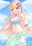  1girl ahoge bikini blonde_hair blue_bikini blue_sky bracelet breasts cleavage cloud flower foreshortening frilled_bikini frills green_eyes hair_between_eyes hair_flower hair_ornament highres iyojima_anzu jewelry kisetsu_an long_hair looking_at_viewer medium_breasts nogi_wakaba_wa_yuusha_de_aru sarong sky smile swimsuit water yuusha_de_aru 