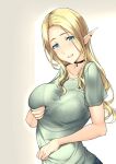  1girl aqua_eyes blonde_hair bra bra_visible_through_clothes breasts collarbone denim ear_piercing elf grabbing_own_breast green_shirt jeans jewelry kuurunaitsu lace lace_bra large_breasts long_hair necklace open_mouth original pants piercing pointy_ears see-through see-through_shirt shirt short_sleeves solo underwear 