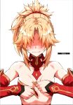  1girl absurdres bare_shoulders blonde_hair breasts closed_mouth detached_collar detached_sleeves embarrassed fang fate/apocrypha fate/grand_order fate_(series) gold_trim hair_ornament hair_scrunchie highres long_hair mordred_(fate) mordred_(fate/apocrypha) ponytail scan scrunchie simple_background small_breasts solo tonee upper_body 