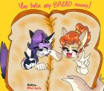  anthro bread bread_costume canid canid_demon clothing costume demon duo female food food_costume hellhound hi_res jackie_brulay mammal pandora_(artist) sunny_flores 
