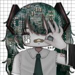  1girl :3 alternate_eye_color bags_under_eyes bandaid bandaid_on_face bandaid_on_nose black_sleeves circuit_board collared_shirt commentary detached_sleeves ear_piercing english_commentary green_necktie grey_shirt grid_background hand_up hatsune_miku heterochromia highres imo_(imoknol) industrial_piercing long_hair looking_at_viewer messy_hair mole mole_under_eye mole_under_mouth motherboard necktie nvidia ok_sign ok_sign_over_eye pale_skin patterned_eyes patterned_hair piercing ribbed_shirt shirt shoulder_tattoo sleeveless sleeveless_shirt solo spiked_ear_piercing straight-on tattoo translation_request twintails upper_body vocaloid wavy_eyes 