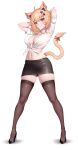  1girl absurdres animal_ears arms_up black_thighhighs blush breasts cat_ears cat_girl cat_tail high_heels highres medium_breasts midriff navel pencil_skirt secon second-party_source shirt short_sleeves shyrei_faolan skirt solo tail thighhighs tied_shirt vyugen 