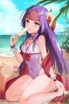  1girl :p bare_legs bare_shoulders barefoot beach blue_sky breasts cleavage cloud commentary_request day fire_emblem fire_emblem:_radiant_dawn flower food groin hair_flower hair_ornament hand_up haru_(nakajou-28) headband highres holding holding_food long_hair looking_at_viewer one-piece_swimsuit outdoors popsicle purple_hair purple_one-piece_swimsuit sanaki_kirsch_altina seiza shawl sitting sky solo swimsuit thighs tongue tongue_out very_long_hair yellow_eyes yellow_flower 