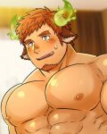  1boy abs animal_ears arms_at_sides bara blush brown_hair cow_boy cow_ears cow_horns daisukebear eye_black fiery_horns forked_eyebrows glowing_horns highres horns indoors large_pectorals long_sideburns looking_ahead male_focus muscular muscular_male nervous_smile nipples nude paid_reward_available pectorals plump short_hair sideburns sideburns_stubble smile solo spiked_hair sweat sweatdrop thick_eyebrows tokyo_afterschool_summoners upper_body wakan_tanka 