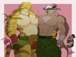  abs accessory anthro bovid bovine bulge clothed clothing duo felid fur headband hi_res horn lifewonders macan_(tas) male mammal muscular muscular_anthro muscular_male nomad_(tas) pantherine pecs pecs_touching shennong simple_background standing striped_body stripes tiger tokyo_afterschool_summoners topless video_games yasuyori zephir 