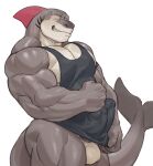  2_penises anthro balls big_arms bulge clothing eyes_closed fish flexing flexing_bicep genitals grey_body hi_res husky_(husky92) imato male marine multi_genitalia multi_penis muscular muscular_male pecs penis pink_body shark sharp_teeth shirt smile solo tail tank_top teeth thick_neck thick_tail topwear 