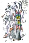  2006 anthro balls beard borni canid canine canis domestic_dog facial_hair feathers genitals hair long_beard long_hair long_mustache male mammal mature_male mustache penis smoking_pipe solo white_hair 