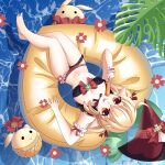  1girl alternate_costume belt blonde_hair blush breasts cleavage collarbone commentary_request flower food genshin_impact hat highres hoxi innertube klee_(genshin_impact) leaf looking_at_viewer lying navel ocean pointy_ears popsicle red_eyes small_breasts solo tongue tongue_out 