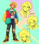  1boy alternate_costume aqua_background artist_name badge bisexual_flag blonde_hair blush boku_no_hero_academia button_badge closed_eyes closed_mouth commentary denim english_commentary full_body habkart heart highres hood hood_down jacket jeans kaminari_denki long_sleeves looking_at_viewer male_focus multicolored_clothes multicolored_jacket multiple_views open_clothes open_jacket open_mouth pants print_shirt shirt shoes short_hair simple_background smile sneakers standing torn_clothes torn_jeans torn_pants 