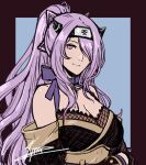  1girl artist_name bare_shoulders camilla_(fire_emblem) cm_lynarc fire_emblem fire_emblem_fates hair_over_one_eye high_ponytail looking_at_viewer purple_eyes purple_hair smile solo upper_body 