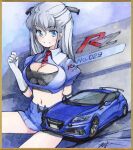  1girl blue_shirt border breasts brown_border car cleavage cleavage_cutout clenched_hand clothing_cutout cropped_shirt elbow_gloves gloves grey_gloves grey_hair hair_behind_ear hi_fumiyo highres honda honda_cr-z looking_at_viewer medium_breasts motor_vehicle necktie original personification red_necktie shadow shirt short_necktie signature smile solo spoiler_(automobile) traditional_media vehicle_and_personification 