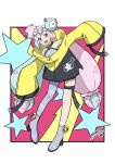  1girl 99akt1031 :d boots border bow-shaped_hair character_hair_ornament full_body grey_footwear grey_pantyhose grey_shirt hair_ornament happy highres iono_(pokemon) jacket long_hair multicolored_hair open_mouth outstretched_arms pantyhose pink_hair pokemon pokemon_(game) pokemon_sv shirt single_leg_pantyhose sleeveless sleeveless_shirt smile solo star_(symbol) star_print teeth thigh_strap tongue twintails two-tone_hair upper_teeth_only white_border yellow_jacket 