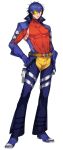  1boy belt blue_footwear blue_gloves blue_hair brown_belt chaps covered_collarbone covered_navel eyepatch full_body garchomp gloves high_collar katagiri_hachigou legs_apart male_focus pants personification pokemon short_hair simple_background smile solo standing turtleneck white_background yellow_eyes yellow_pants 