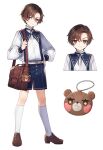  1boy asymmetrical_bangs bag belt blue_gemstone blue_shorts brown_footwear brown_hair gem hand_on_own_hip highres loafers male_focus multiple_views nurumi_p original purple_eyes school_bag shoes shorts smile socks suspenders teddy_bear_ornament white_belt white_socks 