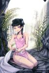  1girl bare_shoulders black_hair blunt_bangs breasts brown_footwear hair_ornament highres kusuriya_no_hitorigoto long_hair looking_at_viewer maomao_(kusuriya_no_hitorigoto) outdoors parted_lips pelvic_curtain pink_shirt purple_eyes shirt side-tie_loincloth signature small_breasts solo trduchess wet wet_clothes wringing 