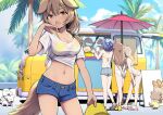  2boys 2others 5girls a-chan_(hololive) animal_ears bikini bikini_under_clothes blue_shorts bow braid bread breasts brown_eyes brown_hair cartoon_bone character_request cleavage cloud denim denim_shorts dog dog_ears dog_girl dog_tail food food_truck front-tie_top grey_shorts hair_bow hair_ornament hairclip hand_to_own_mouth highres hololive inugami_korone inugami_korone_(dog) jacket listener_(inugami_korone) long_hair midriff motor_vehicle multiple_boys multiple_girls multiple_others navel open_mouth outdoors palm_tree purple_hair ribbon sabaku_chitai sandals see-through shirt short_hair short_shorts short_sleeves shorts sky swimsuit tail thighs tree twin_braids umbrella van white_bikini white_shirt yellow_bikini yellow_jacket 