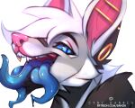  3_tongues anthro blue_eyes bodily_fluids fan_character hi_res male multi_tongue open_mouth saliva saliva_on_tongue sarcastic solo syncbanned tongue 