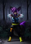  angry anthro black_body black_fur boots bottomwear chain clothed clothing dead_by_daylight detailed_background fluffy fluffy_tail footwear forest forest_background fur hair hi_res hoodie inner_ear_fluff jewelry knife male mask melee_weapon multicolored_body multicolored_fur nature nature_background necklace outside pants plant pose purple_body purple_eyes purple_fur purple_hair solo tail the_trickster_(dbd) thecumrat threatening topwear tree tuft two_tone_body two_tone_fur weapon 