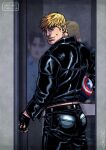 2boys alternate_costume ass bad_id bad_tumblr_id bara black_hair blonde_hair captain_america collared_jacket couple cris_art fanfic feet_out_of_frame hulkling jacket leather leather_jacket leather_pants lip_piercing looking_at_viewer looking_back male_focus marvel merchandise midriff_peek multiple_boys muscular muscular_male pants piercing reflection short_hair sideburns smile standing thick_eyebrows wiccan yaoi 