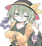  1girl :q black_headwear blush breasts cleavage closed_mouth collarbone collared_shirt eyeball green_eyes green_hair hair_between_eyes hat hat_ribbon komeiji_koishi long_sleeves massakasama one_eye_closed ribbon shirt short_hair simple_background smile solo third_eye tongue tongue_out touhou white_background wide_sleeves yellow_ribbon yellow_shirt 