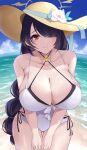  1girl absurdres bare_arms bare_shoulders beach black_hair blue_archive blush breasts cleavage closed_mouth collarbone cross cross_earrings day earrings eyes_visible_through_hair halo hat hat_ornament highres hinata_(blue_archive) hinata_(swimsuit)_(blue_archive) jewelry large_breasts leaning_forward long_hair looking_at_viewer ocean one-piece_swimsuit outdoors red_eyes smile solo swimsuit thigh_gap thighs water wee_(weeyy) white_one-piece_swimsuit yellow_headwear 
