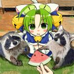  1girl 1other ahoge animal animal_ears bell blue_dress blush bubbacterial dejiko di_gi_charat dress food gloves grass green_eyes green_hair hair_bell hair_ornament hat highres holding jingle_bell looking_at_viewer neck_bell pov raccoon short_sleeves sitting solo_focus white_gloves 