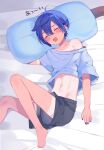  1boy androgynous bad_feet bare_legs barefoot black_shorts blue_hair blue_nails blush closed_eyes collarbone foot_out_of_frame hair_between_eyes kaito_(vocaloid) legs male_focus midriff mogu_(wy5xrt7w) navel on_bed open_mouth oversized_clothes oversized_shirt pillow shadow shirt short_hair short_sleeves shorts sidelocks single_bare_shoulder solo sweatdrop tan tanlines thighs toes vocaloid 