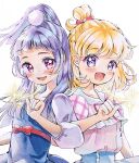  2girls :d asahina_mirai blonde_hair blush commentary_request eyelashes hair_ornament happy highres izayoi_liko lilylily0601 long_hair looking_at_viewer mahou_girls_precure! multiple_girls open_mouth pink_eyes precure purple_eyes purple_hair simple_background smile standing white_background 