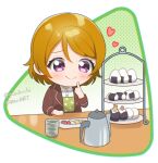  1girl brown_hair brown_jacket chibi closed_mouth collared_shirt commentary cup eyelashes food hand_on_own_cheek hand_on_own_face heart jacket kettle kikuchi_mataha koizumi_hanayo long_sleeves love_live! love_live!_school_idol_project onigiri open_clothes open_jacket pickle polka_dot polka_dot_background print_shirt purple_eyes shirt smile solo table tiered_tray twitter_username yunomi 
