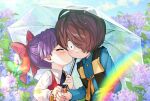 1boy 1girl aged_down blush bow brown_hair closed_eyes commentary_request day flower gegege_no_kitarou hair_bow hair_over_one_eye highres holding holding_hands holding_umbrella kiss kissing_cheek kitarou nekomusume nekomusume_(gegege_no_kitarou_6) outdoors purple_hair rainbow short_hair silanduqiaocui umbrella 