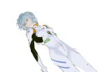  1girl ayanami_rei blue_hair bodysuit commentary_request cow expressionless highres interface_headset kgeroua neon_genesis_evangelion orange_eyes parted_lips plugsuit short_hair simple_background skin_tight solo white_background white_bodysuit 