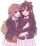  2girls blue_eyes blush brown_hair check_commentary commentary commentary_request hair_between_eyes hair_ornament hair_ribbon hairclip half-closed_eyes hand_on_another&#039;s_arm hand_on_another&#039;s_stomach highres hug long_hair looking_at_another love_live! love_live!_nijigasaki_high_school_idol_club multiple_girls nijigasaki_academy_school_uniform parted_lips ponytail purple_eyes ribbon school_uniform smile solllolll sweatdrop wavy_hair white_background yuri 