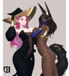  2girls animal_ear_fluff animal_ears black_dress black_gloves blue_eyes breast_hold breasts dark_skin detached_sleeves dress earrings egyptian elbow_gloves gloves grin hat highres jackal_ears jackal_tail jewelry large_breasts long_hair looking_at_viewer medium_breasts mouth_veil multiple_girls odachu original pointy_ears purple_hair revealing_clothes smile tassel usekh_collar veil very_dark_skin witch witch_hat yellow_eyes 