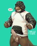  2023 anthro balls big_penis blep bottomless clothed clothing covered_eyes drawstring drawstring_hoodie erection furry-specific_brand genitals giant_otter hi_res hood_up hoodie hoodie_only humanoid_genitalia humanoid_penis lewd_symbolism male mammal mustelid otter penis pictographics portrait river_otter signature simple_background skrawl solo standing tail teal_background three-quarter_portrait tongue tongue_out topwear topwear_only 